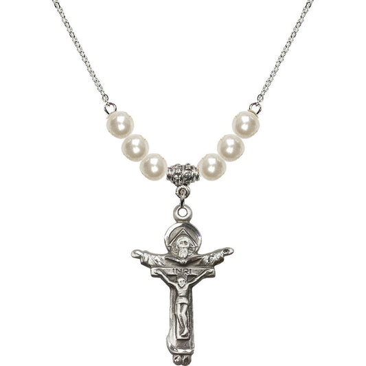 Sterling Silver Trinity Crucifix Birthstone Necklace with Faux-Pearl Beads - 0065