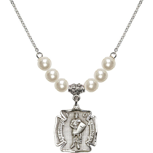 Sterling Silver Saint Florian Birthstone Necklace with Faux-Pearl Beads - 0070