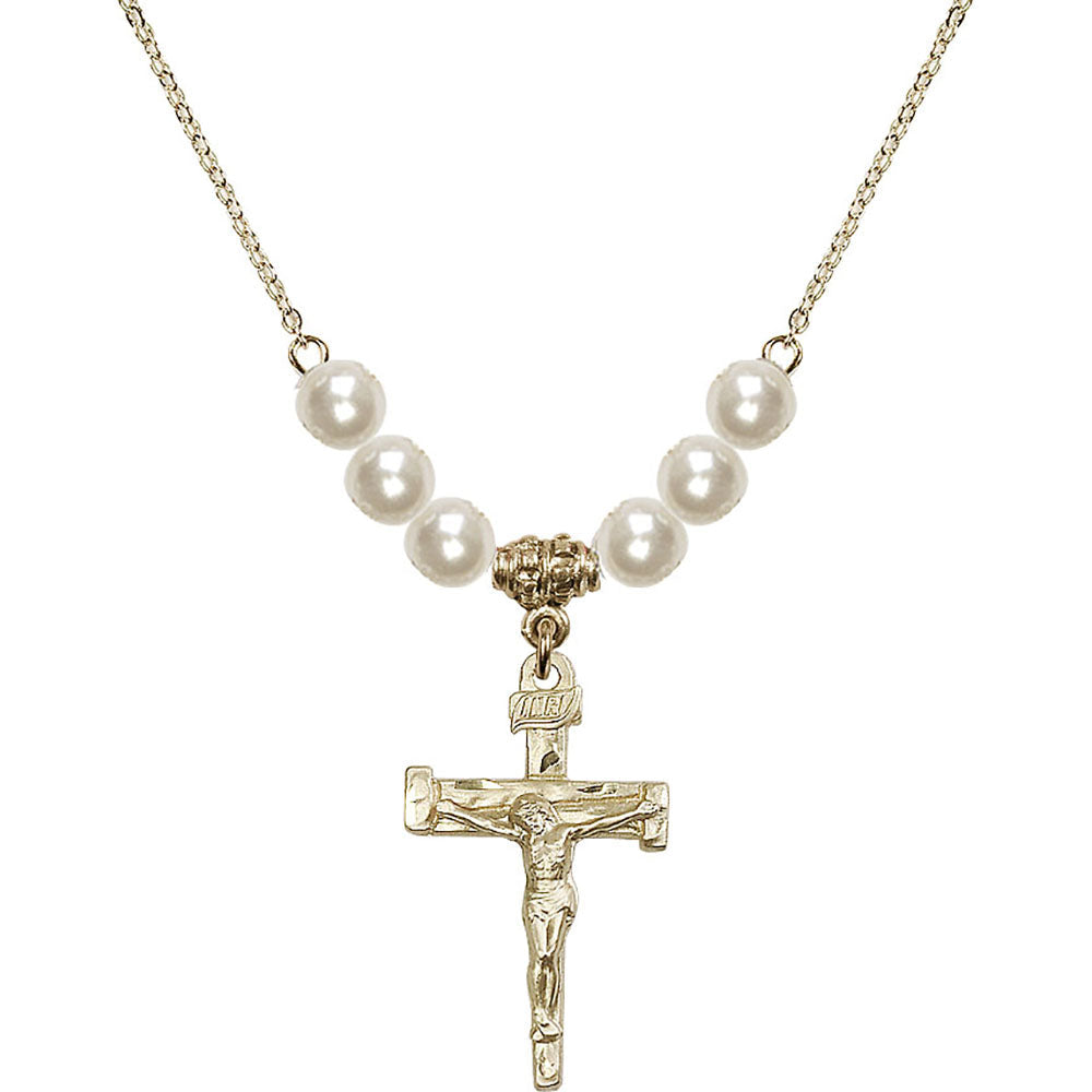 14kt Gold Filled Nail Crucifix Birthstone Necklace with Faux-Pearl Beads - 0073