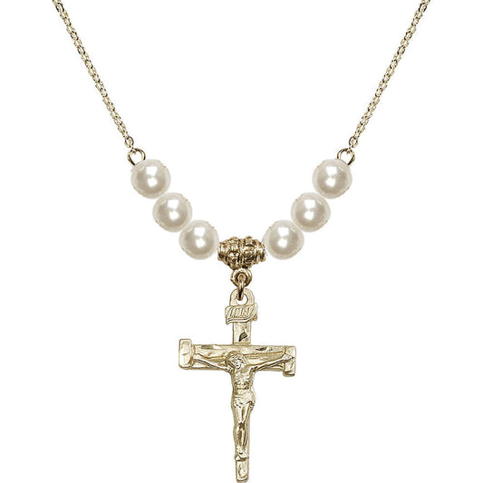 14kt Gold Filled Nail Crucifix Birthstone Necklace with Faux-Pearl Beads - 0073