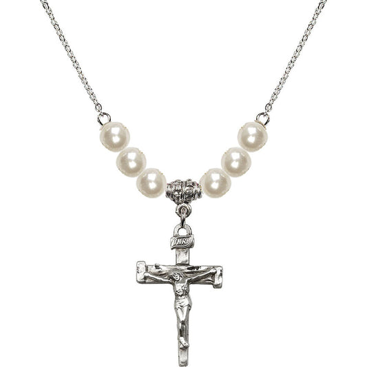 Sterling Silver Nail Crucifix Birthstone Necklace with Faux-Pearl Beads - 0073