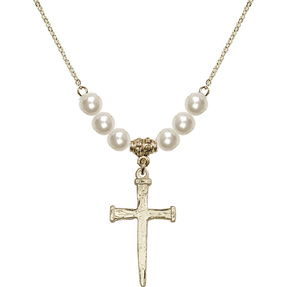 14kt Gold Filled Nail Cross Birthstone Necklace with Faux-Pearl Beads - 0085