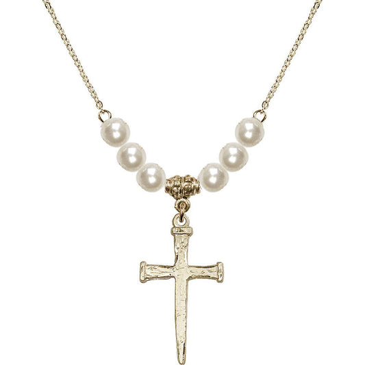 14kt Gold Filled Nail Cross Birthstone Necklace with Faux-Pearl Beads - 0085