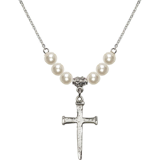 Sterling Silver Nail Cross Birthstone Necklace with Faux-Pearl Beads - 0085