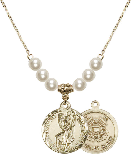14kt Gold Filled Saint Christopher / Coast Guard Birthstone Necklace with Faux-Pearl Beads - 0192