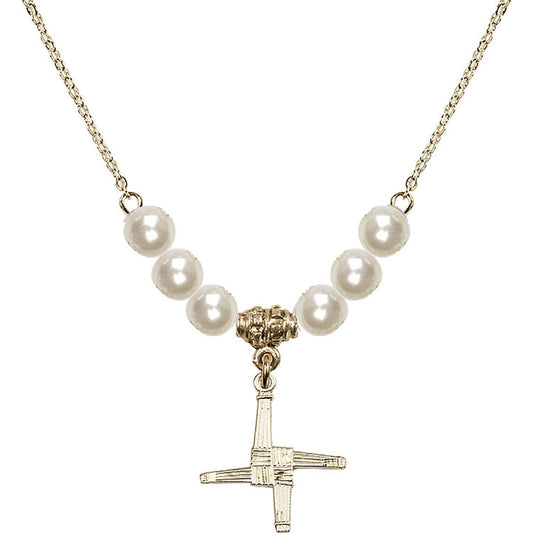 14kt Gold Filled Saint Brigid Cross Birthstone Necklace with Faux-Pearl Beads - 0290