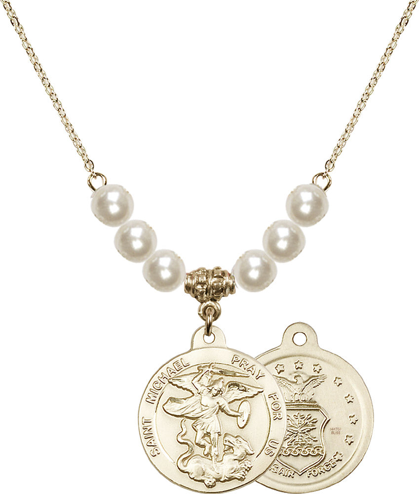 14kt Gold Filled Saint Michael / Air Force Birthstone Necklace with Faux-Pearl Beads - 0342