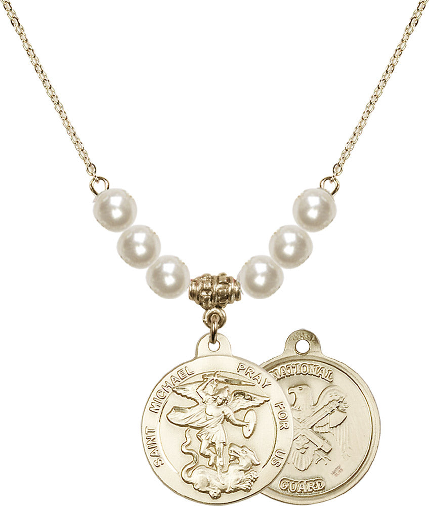 14kt Gold Filled Saint Michael / Nat'l Guard Birthstone Necklace with Faux-Pearl Beads - 0342