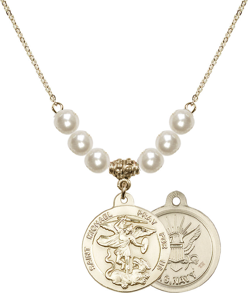 14kt Gold Filled Saint Michael / Navy Birthstone Necklace with Faux-Pearl Beads - 0342