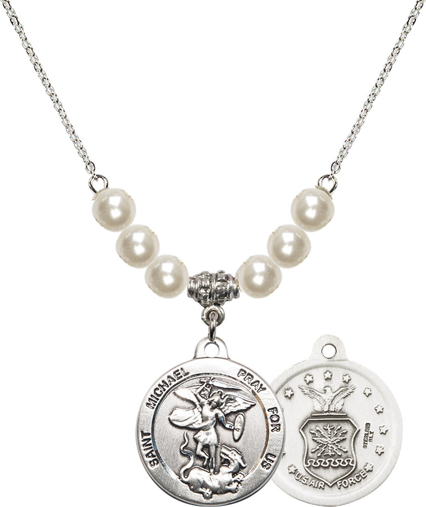 Sterling Silver Saint Michael / Air Force Birthstone Necklace with Faux-Pearl Beads - 0342