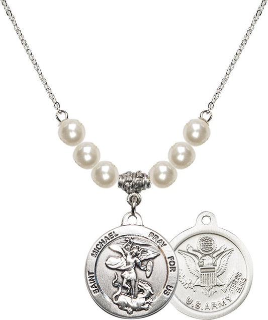 Sterling Silver Saint Michael / Army Birthstone Necklace with Faux-Pearl Beads - 0342