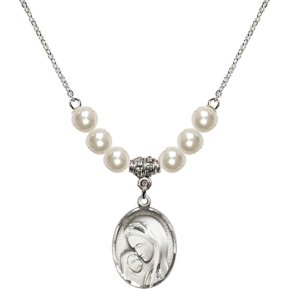 Sterling Silver Madonna & Child Birthstone Necklace with Faux-Pearl Beads - 0447