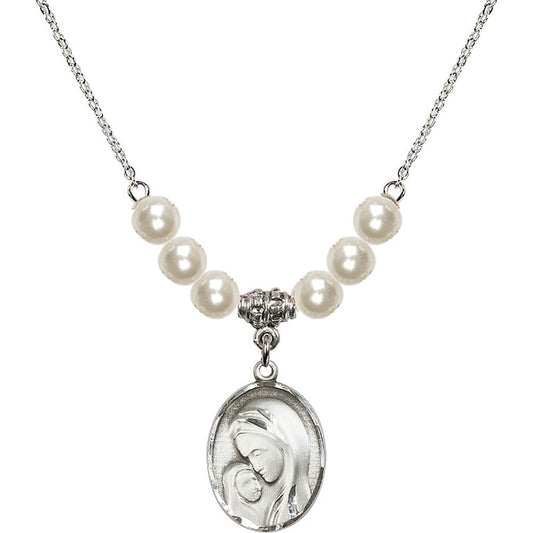 Sterling Silver Madonna & Child Birthstone Necklace with Faux-Pearl Beads - 0447