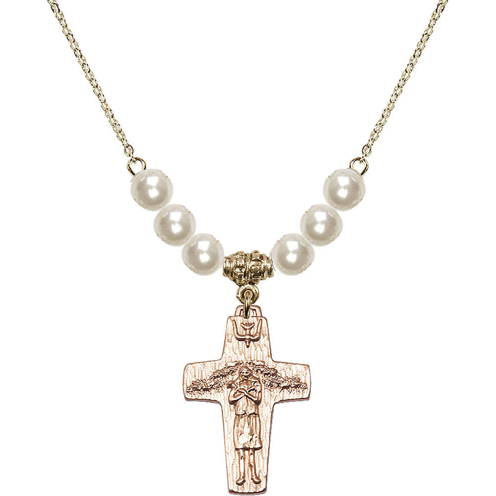 14kt Gold Filled Papal Crucifix Birthstone Necklace with Faux-Pearl Beads - 0569