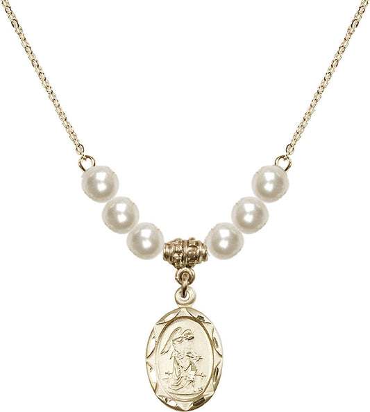 14kt Gold Filled Guardian Angel Birthstone Necklace with Faux-Pearl Beads - 0612