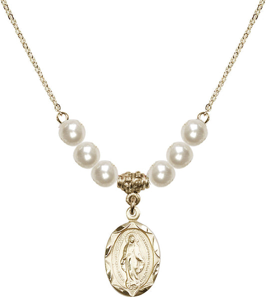 14kt Gold Filled Miraculous Birthstone Necklace with Faux-Pearl Beads - 0612