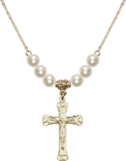 14kt Gold Filled Crucifix Birthstone Necklace with Faux-Pearl Beads - 0620