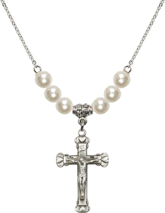 Sterling Silver Crucifix Birthstone Necklace with Faux-Pearl Beads - 0620