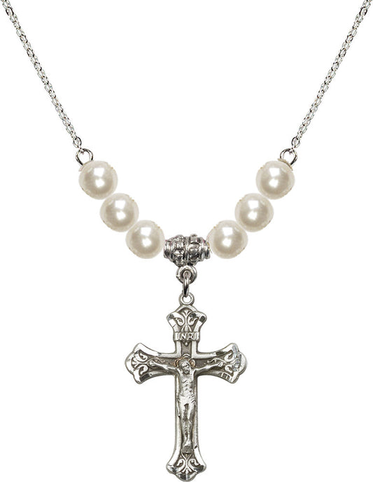 Sterling Silver Crucifix Birthstone Necklace with Faux-Pearl Beads - 0622