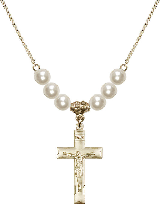 14kt Gold Filled Crucifix Birthstone Necklace with Faux-Pearl Beads - 0624