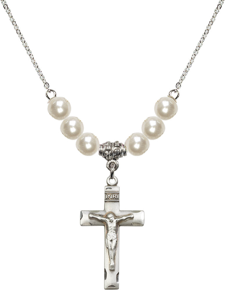 Sterling Silver Crucifix Birthstone Necklace with Faux-Pearl Beads - 0624