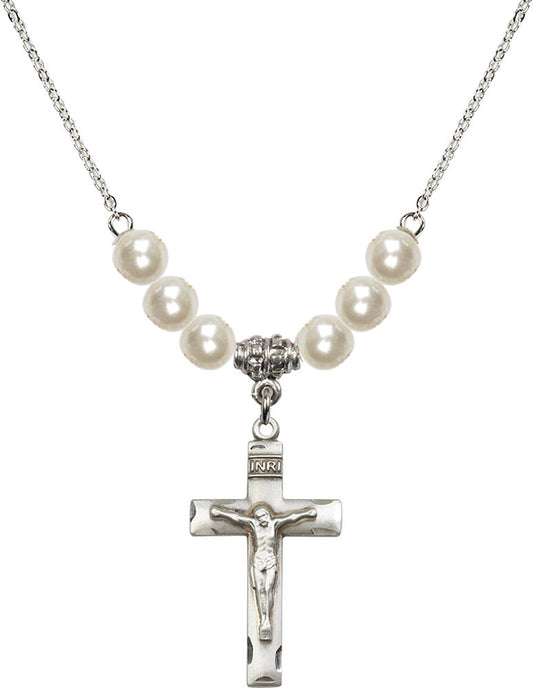 Sterling Silver Crucifix Birthstone Necklace with Faux-Pearl Beads - 0624
