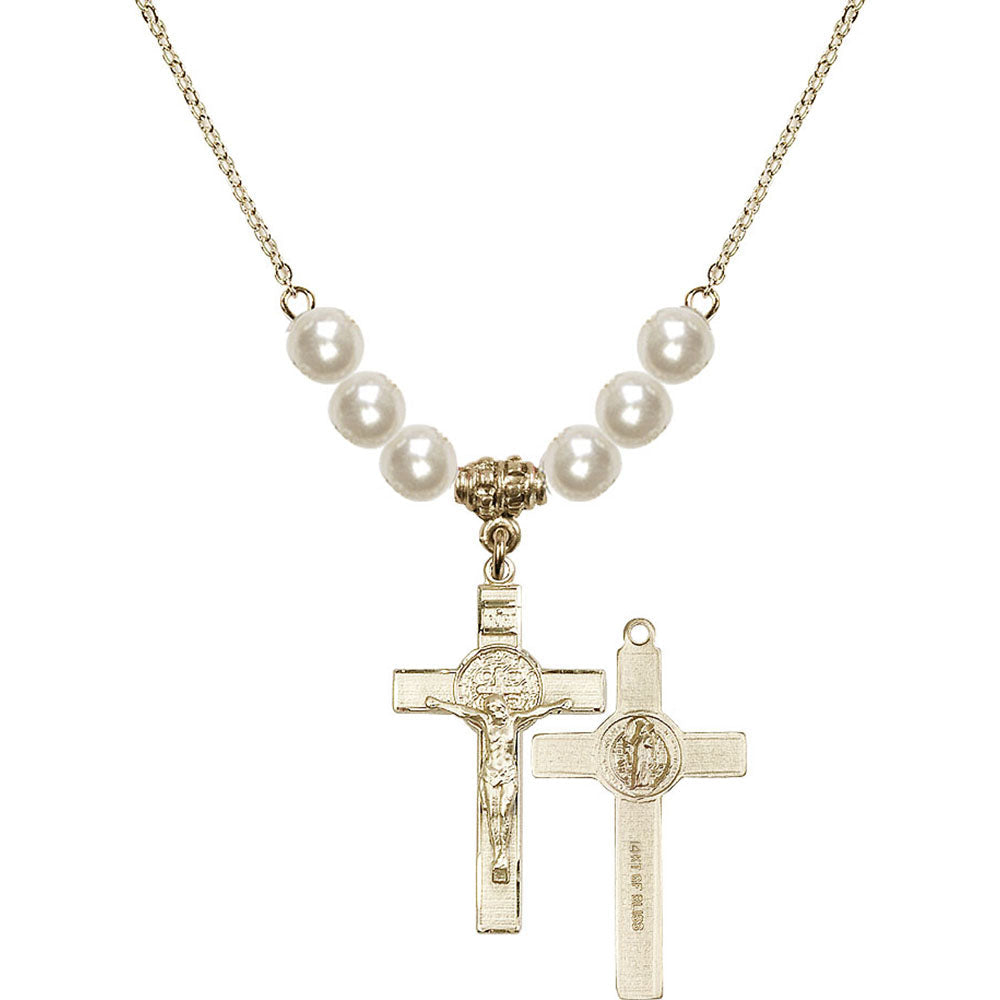 14kt Gold Filled Saint Benedict Crucifix Birthstone Necklace with Faux-Pearl Beads - 0625