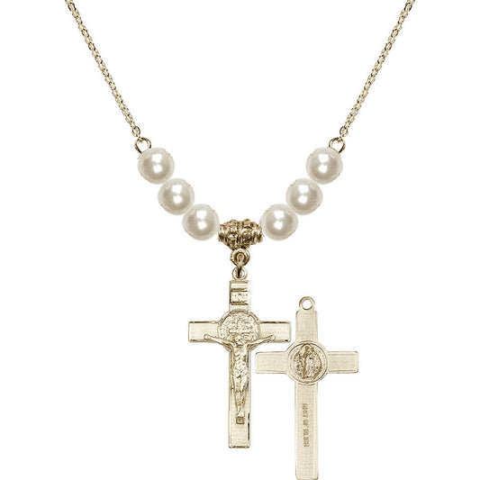 14kt Gold Filled Saint Benedict Crucifix Birthstone Necklace with Faux-Pearl Beads - 0625