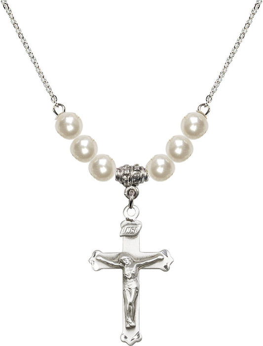 Sterling Silver Crucifix Birthstone Necklace with Faux-Pearl Beads - 0651