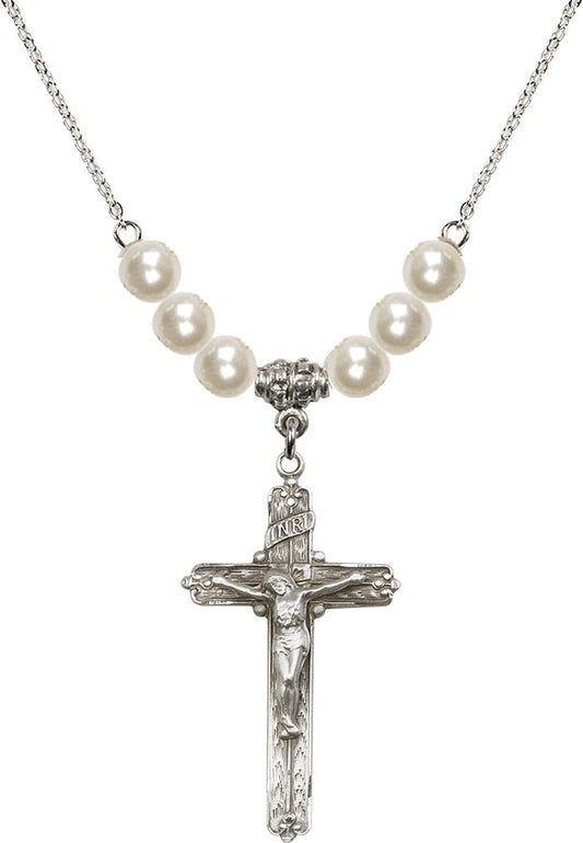 Sterling Silver Crucifix Birthstone Necklace with Faux-Pearl Beads - 0655