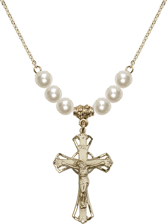 14kt Gold Filled Crucifix Birthstone Necklace with Faux-Pearl Beads - 0659