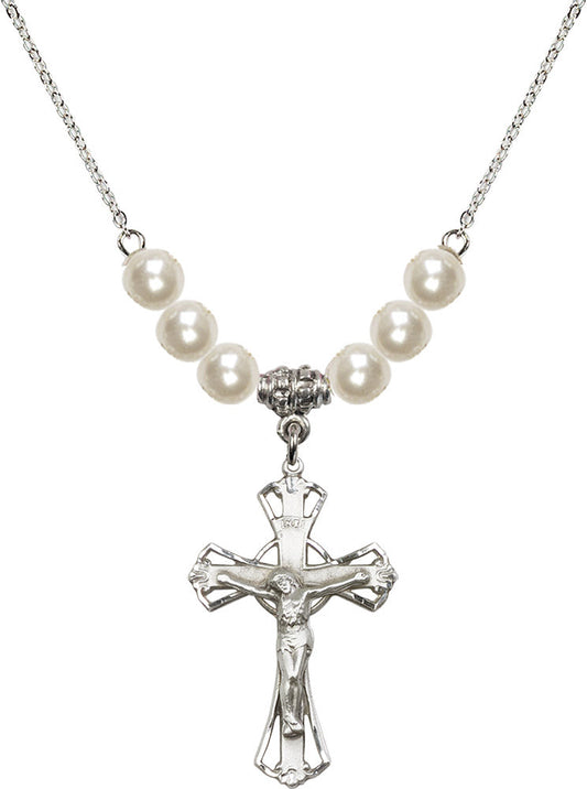 Sterling Silver Crucifix Birthstone Necklace with Faux-Pearl Beads - 0659
