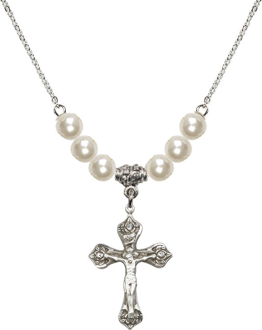 Sterling Silver Crucifix Birthstone Necklace with Faux-Pearl Beads - 0662