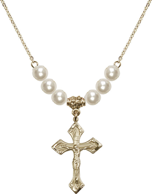 14kt Gold Filled Crucifix Birthstone Necklace with Faux-Pearl Beads - 0663