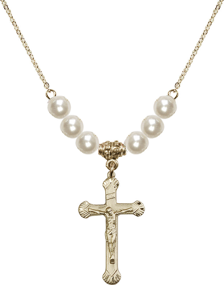 14kt Gold Filled Crucifix Birthstone Necklace with Faux-Pearl Beads - 0664