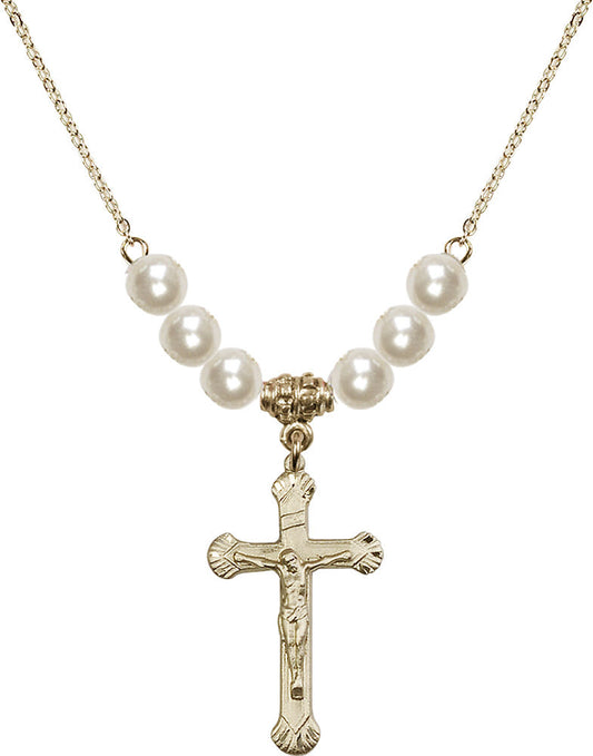 14kt Gold Filled Crucifix Birthstone Necklace with Faux-Pearl Beads - 0664
