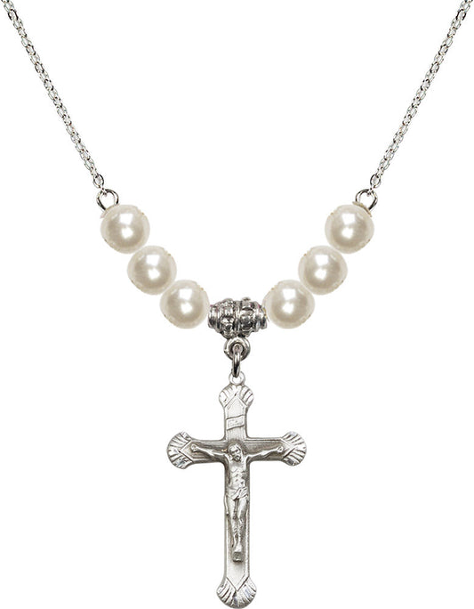 Sterling Silver Crucifix Birthstone Necklace with Faux-Pearl Beads - 0664