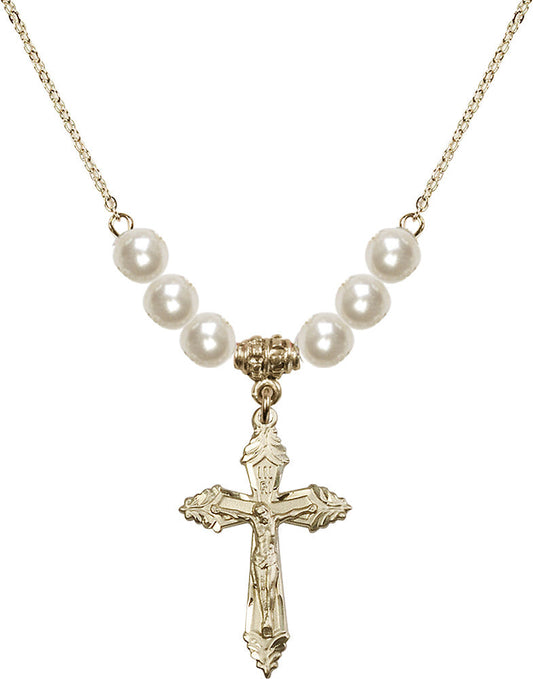 14kt Gold Filled Crucifix Birthstone Necklace with Faux-Pearl Beads - 0665