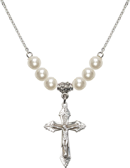 Sterling Silver Crucifix Birthstone Necklace with Faux-Pearl Beads - 0665