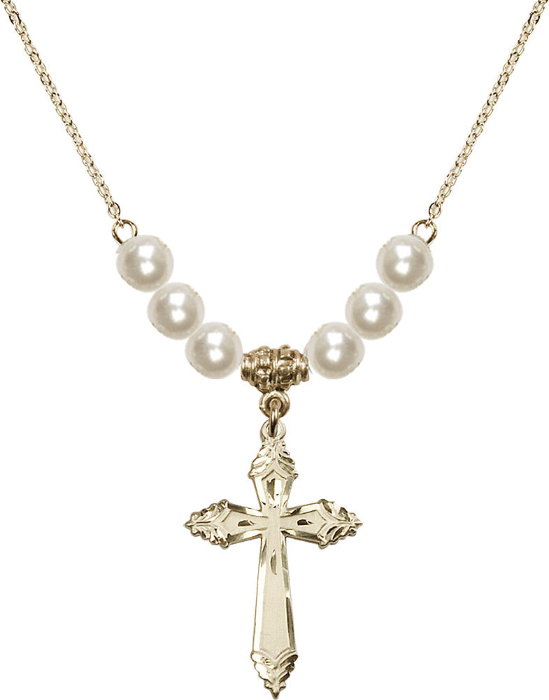 14kt Gold Filled Cross Birthstone Necklace with Faux-Pearl Beads - 0665
