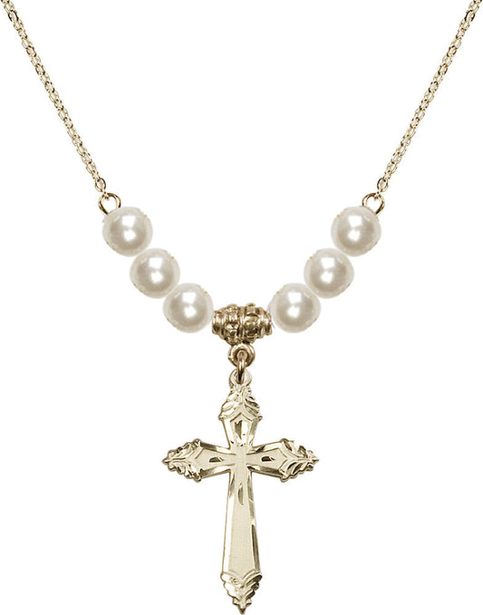 14kt Gold Filled Cross Birthstone Necklace with Faux-Pearl Beads - 0665