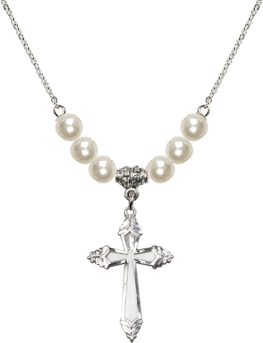 Sterling Silver Cross Birthstone Necklace with Faux-Pearl Beads - 0665