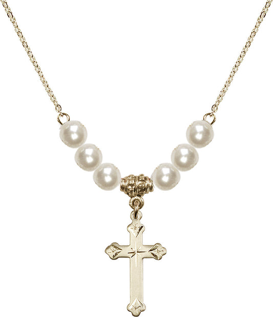 14kt Gold Filled Cross Birthstone Necklace with Faux-Pearl Beads - 0667
