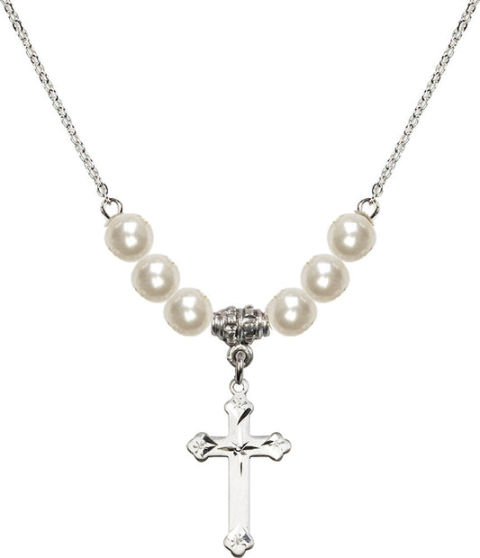 Sterling Silver Cross Birthstone Necklace with Faux-Pearl Beads - 0667
