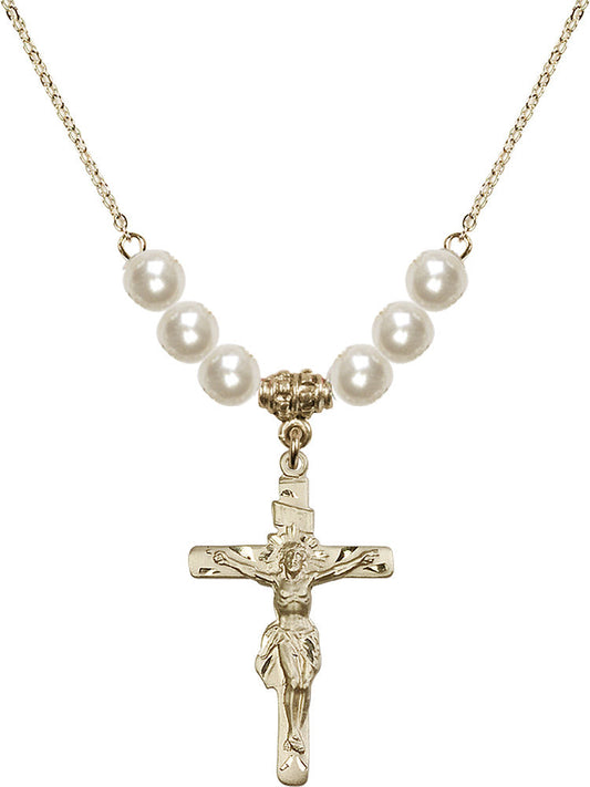 14kt Gold Filled Crucifix Birthstone Necklace with Faux-Pearl Beads - 0668