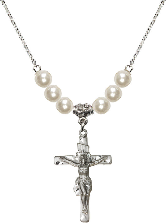 Sterling Silver Crucifix Birthstone Necklace with Faux-Pearl Beads - 0668