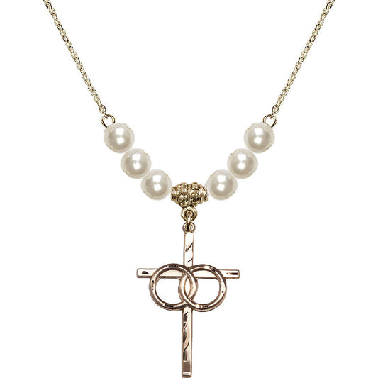 14kt Gold Filled Wedding Rings Cross Birthstone Necklace with Faux-Pearl Beads - 0671