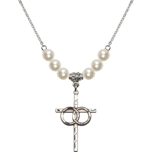 Sterling Silver Wedding Rings Cross Birthstone Necklace with Faux-Pearl Beads - 0671