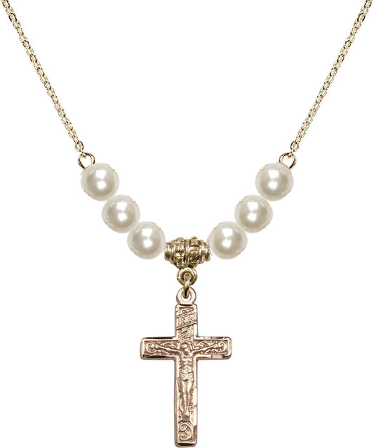 14kt Gold Filled Crucifix Birthstone Necklace with Faux-Pearl Beads - 0673