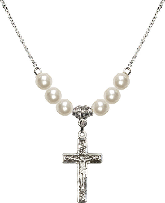 Sterling Silver Crucifix Birthstone Necklace with Faux-Pearl Beads - 0673